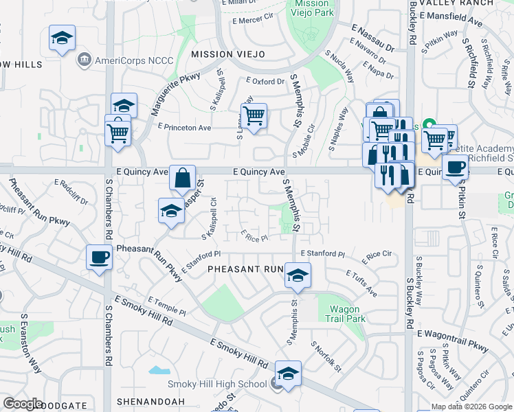 map of restaurants, bars, coffee shops, grocery stores, and more near 16290 East Quincy Avenue in Aurora
