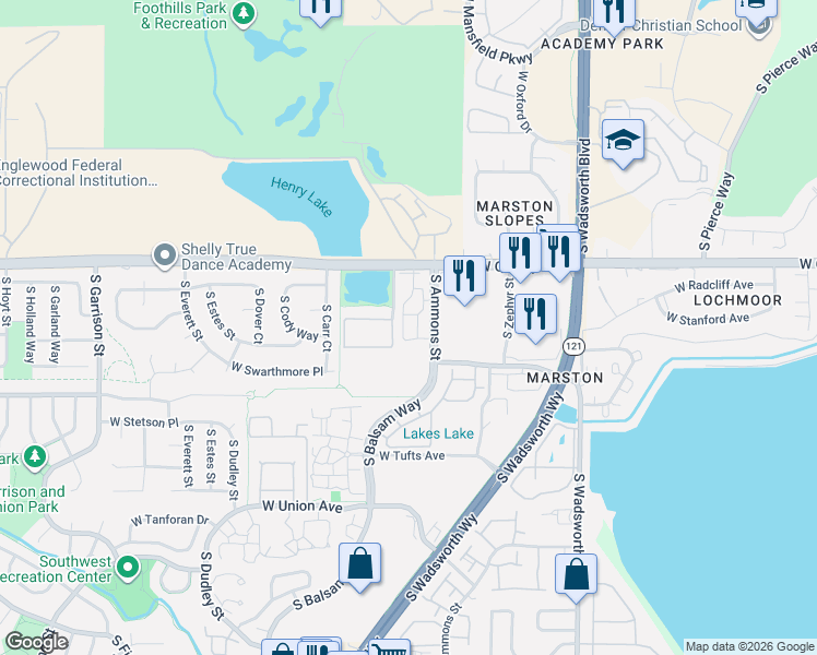 map of restaurants, bars, coffee shops, grocery stores, and more near 4451 South Ammons Street in Denver