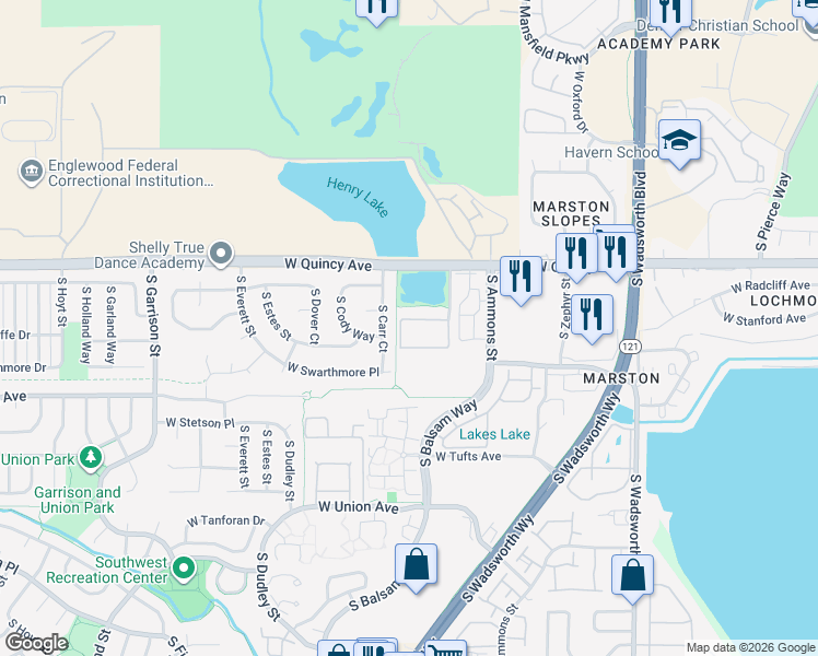 map of restaurants, bars, coffee shops, grocery stores, and more near 4385 South Balsam Street in Denver