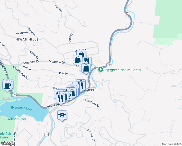 map of restaurants, bars, coffee shops, grocery stores, and more near 27659 Colorado 74 in Evergreen