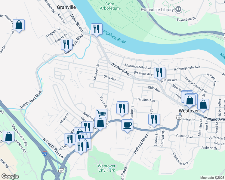 map of restaurants, bars, coffee shops, grocery stores, and more near Willis Avenue in Westover