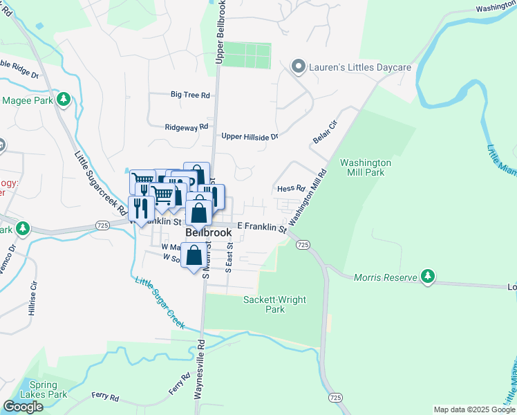 map of restaurants, bars, coffee shops, grocery stores, and more near 66 Lower Hillside Drive in Bellbrook