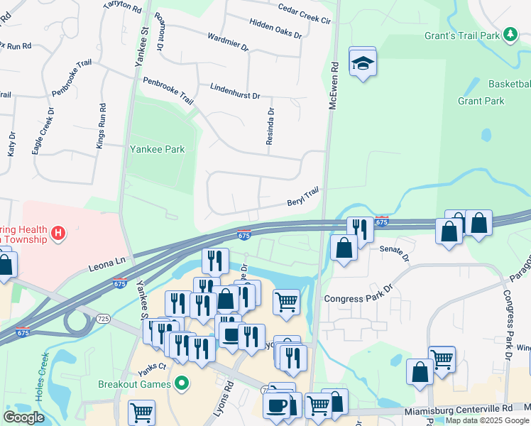 map of restaurants, bars, coffee shops, grocery stores, and more near 1080 Beryl Trail in Dayton