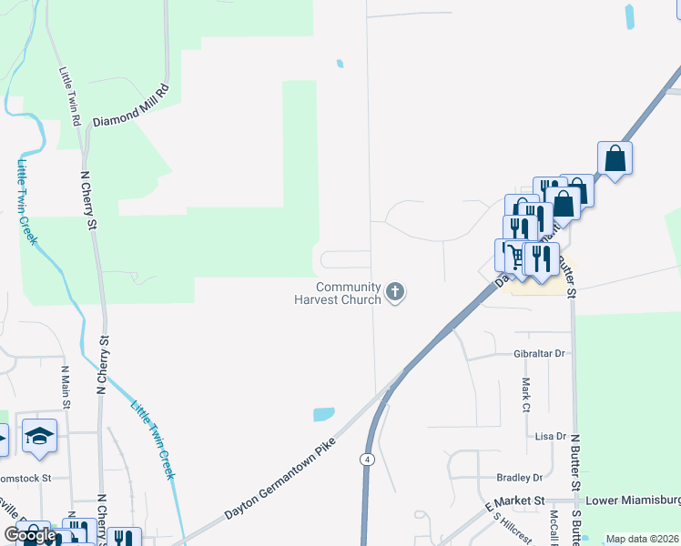 map of restaurants, bars, coffee shops, grocery stores, and more near 1248 Redbud Circle in Germantown