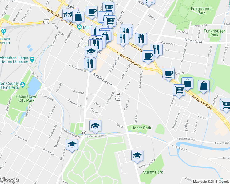 map of restaurants, bars, coffee shops, grocery stores, and more near 201 Frederick Street in Hagerstown