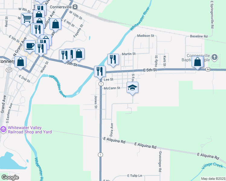 map of restaurants, bars, coffee shops, grocery stores, and more near 632 McCann Street in Connersville