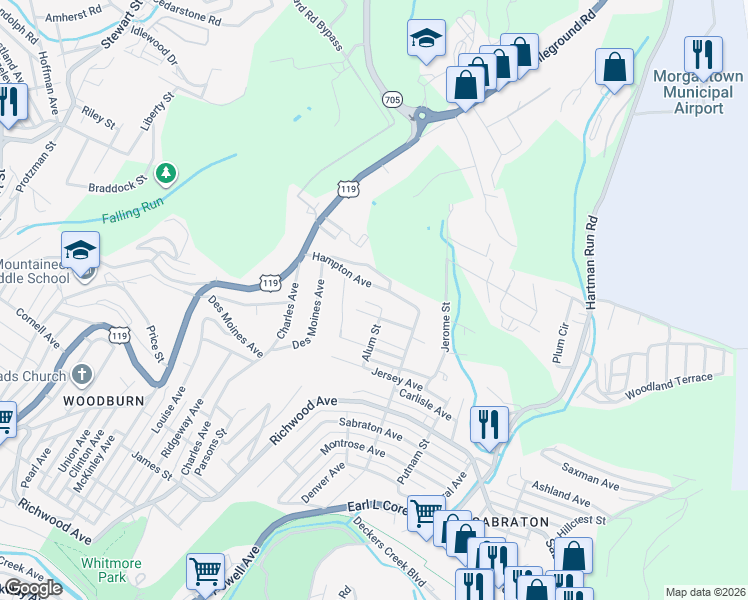 map of restaurants, bars, coffee shops, grocery stores, and more near 1165 Hampton Avenue in Morgantown