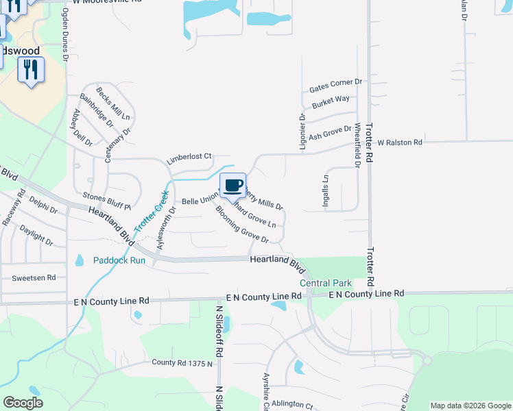 map of restaurants, bars, coffee shops, grocery stores, and more near 8718 Liberty Mills Drive in Indianapolis