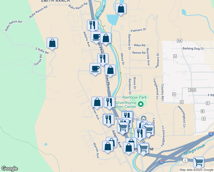 map of restaurants, bars, coffee shops, grocery stores, and more near 680 Blue River Parkway in Silverthorne