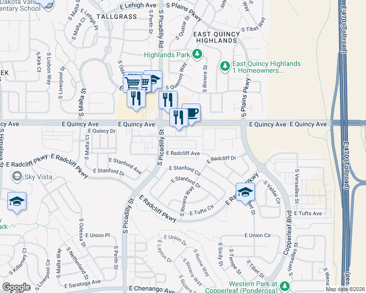 map of restaurants, bars, coffee shops, grocery stores, and more near 21882 East Quincy Circle in Aurora