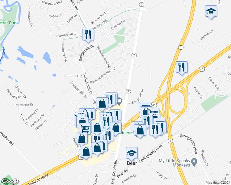 map of restaurants, bars, coffee shops, grocery stores, and more near 125 Buckson Court in Bear