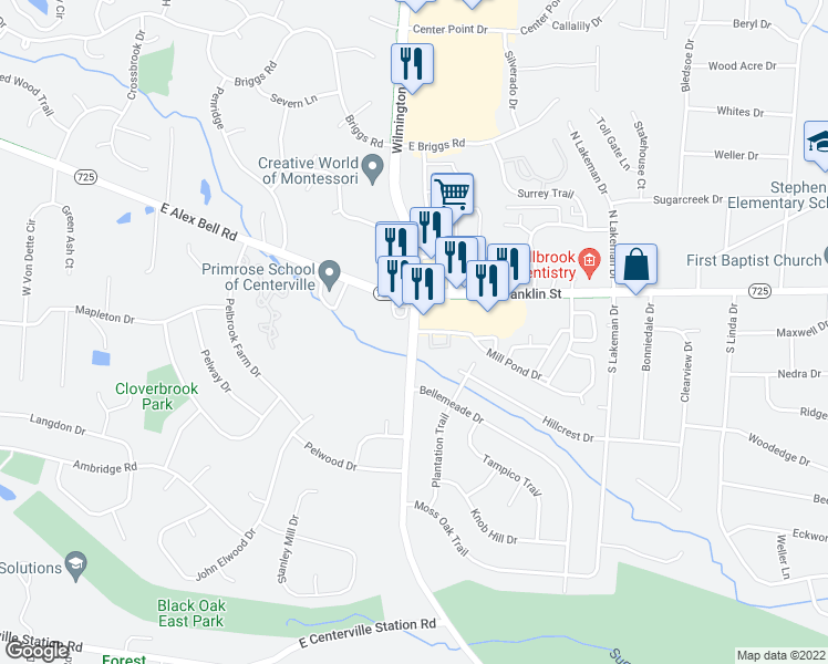 map of restaurants, bars, coffee shops, grocery stores, and more near Wilmington Pike in Dayton