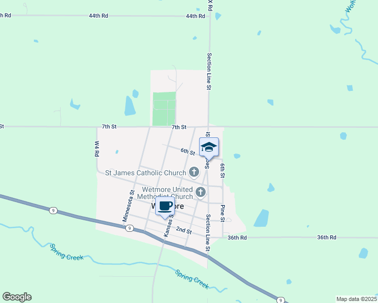 map of restaurants, bars, coffee shops, grocery stores, and more near 601 Kansas Street in Wetmore