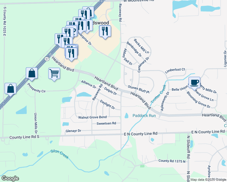 map of restaurants, bars, coffee shops, grocery stores, and more near 10938 Delphi Drive in Hendricks County