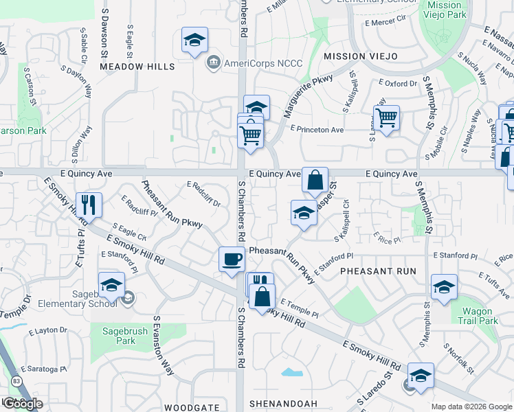 map of restaurants, bars, coffee shops, grocery stores, and more near 4404 South Hannibal Way in Aurora