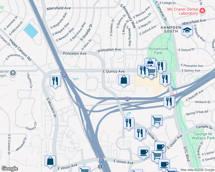 map of restaurants, bars, coffee shops, grocery stores, and more near 7500 East Quincy Avenue in Denver