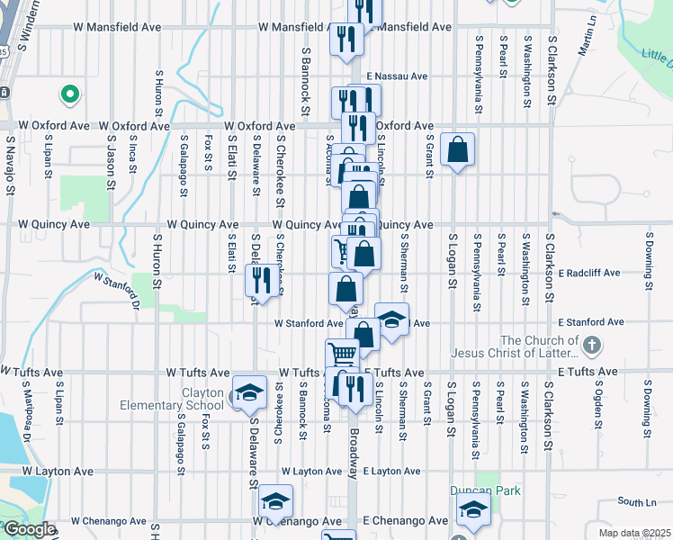 map of restaurants, bars, coffee shops, grocery stores, and more near 4361 South Broadway in Englewood