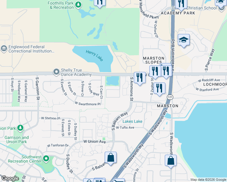 map of restaurants, bars, coffee shops, grocery stores, and more near 4385 South Balsam Street in Denver