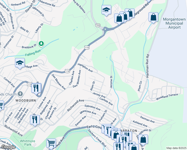 map of restaurants, bars, coffee shops, grocery stores, and more near 1197 Herman Ave in Morgantown