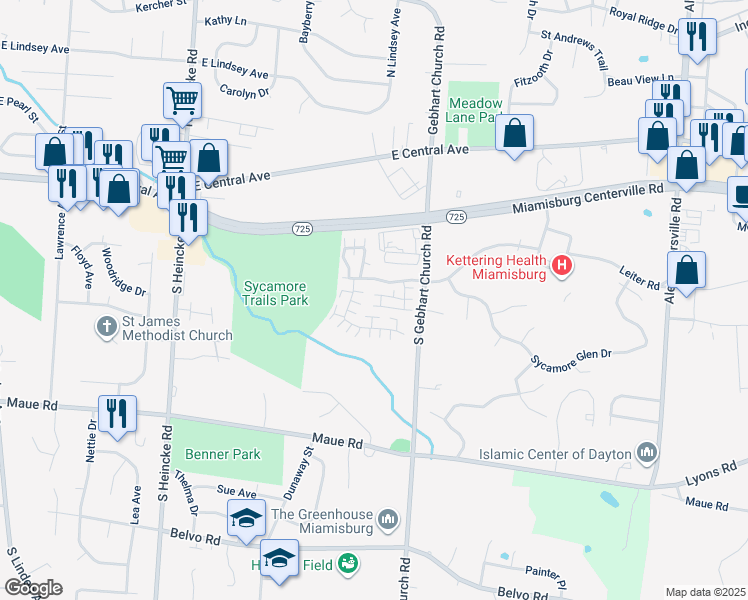 map of restaurants, bars, coffee shops, grocery stores, and more near 1920 Leiter Road in Miamisburg