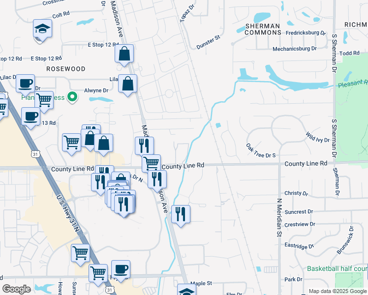map of restaurants, bars, coffee shops, grocery stores, and more near 2816-2832 East County Line Road in Indianapolis