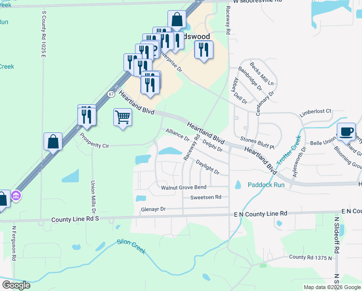 map of restaurants, bars, coffee shops, grocery stores, and more near 10799 Alliance Drive in Hendricks County