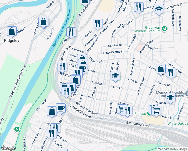 map of restaurants, bars, coffee shops, grocery stores, and more near 114 Grand Avenue in Cumberland