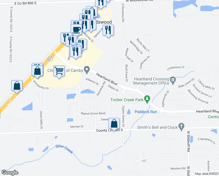 map of restaurants, bars, coffee shops, grocery stores, and more near 10887 Delphi Drive in Hendricks County