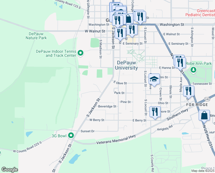 map of restaurants, bars, coffee shops, grocery stores, and more near 801 South Jackson Street in Greencastle