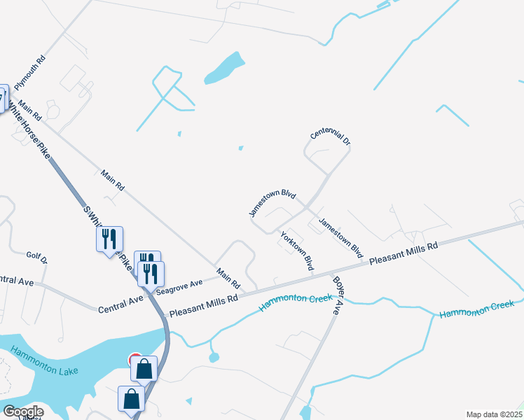 map of restaurants, bars, coffee shops, grocery stores, and more near 219 Jamestown Boulevard in Hammonton