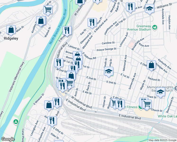 map of restaurants, bars, coffee shops, grocery stores, and more near 114 Grand Avenue in Cumberland