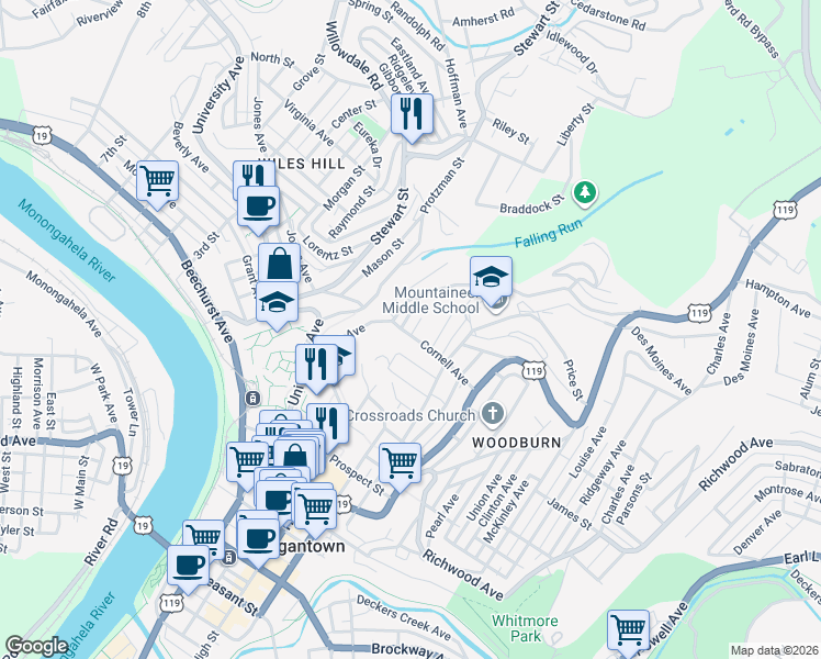map of restaurants, bars, coffee shops, grocery stores, and more near 916 Jacobs Street in Morgantown