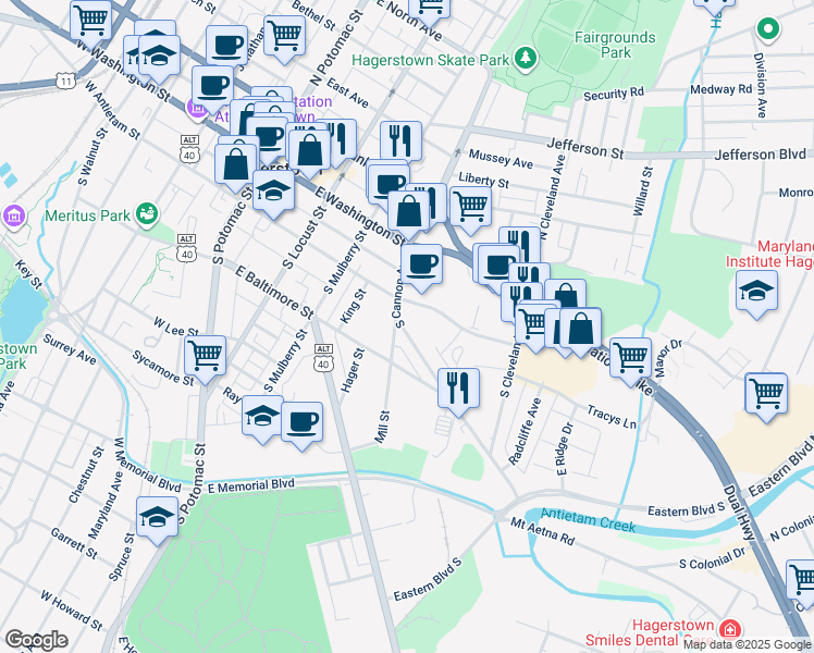 map of restaurants, bars, coffee shops, grocery stores, and more near 312 South Cannon Avenue in Hagerstown