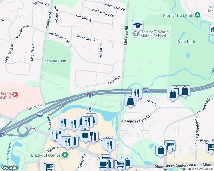map of restaurants, bars, coffee shops, grocery stores, and more near 1052 Beryl Trail in Montgomery County