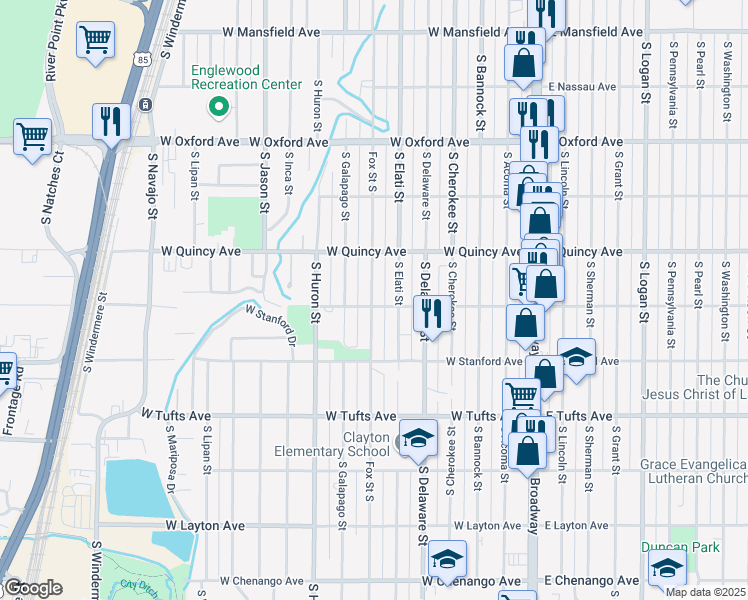 map of restaurants, bars, coffee shops, grocery stores, and more near 4384 South Fox Street in Englewood