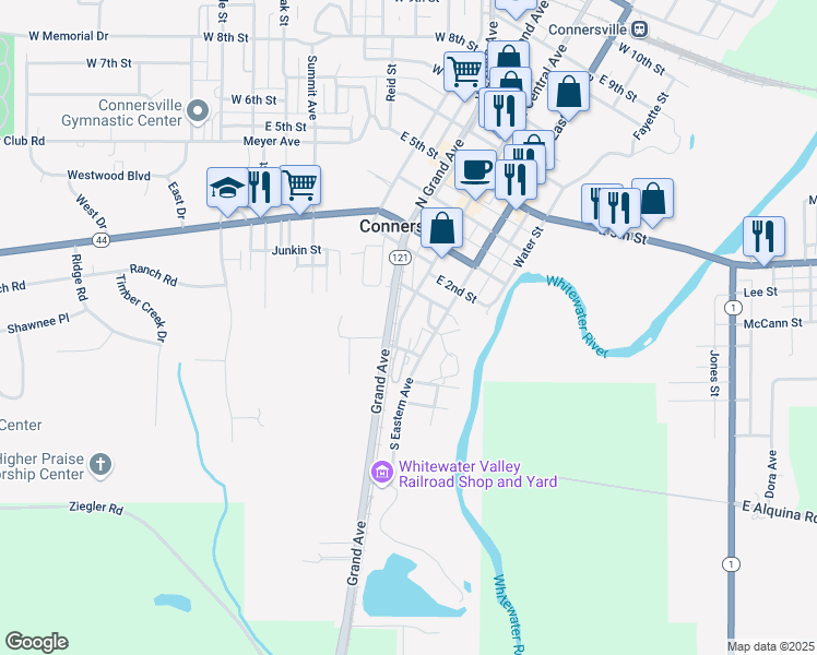 map of restaurants, bars, coffee shops, grocery stores, and more near 123 South Grand Avenue in Connersville