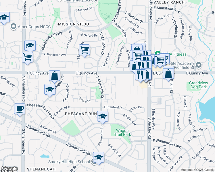 map of restaurants, bars, coffee shops, grocery stores, and more near 16369 East Radcliff Place in Aurora