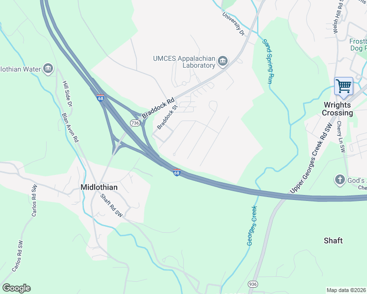 map of restaurants, bars, coffee shops, grocery stores, and more near 79 Meadow Road in Frostburg