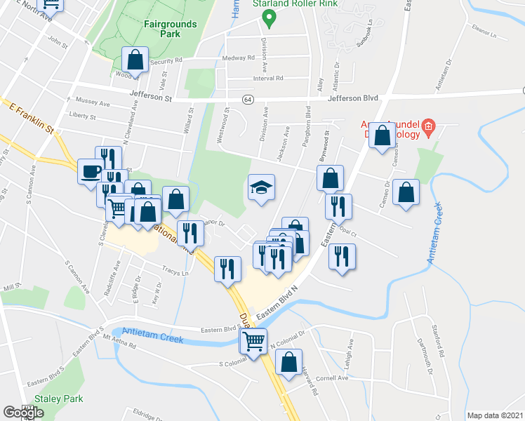 map of restaurants, bars, coffee shops, grocery stores, and more near 195 Pangborn Boulevard in Hagerstown