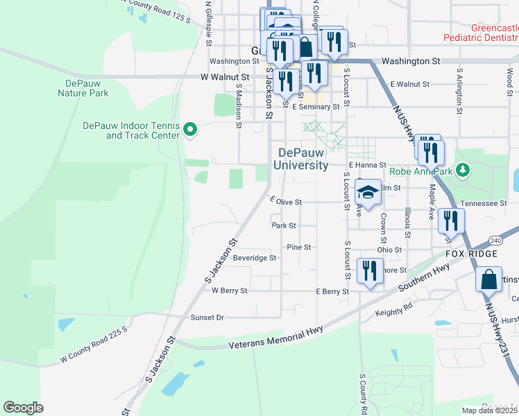 map of restaurants, bars, coffee shops, grocery stores, and more near 801 South Jackson Street in Greencastle