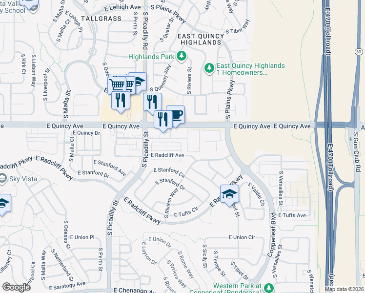 map of restaurants, bars, coffee shops, grocery stores, and more near 21947 East Quincy Circle in Aurora