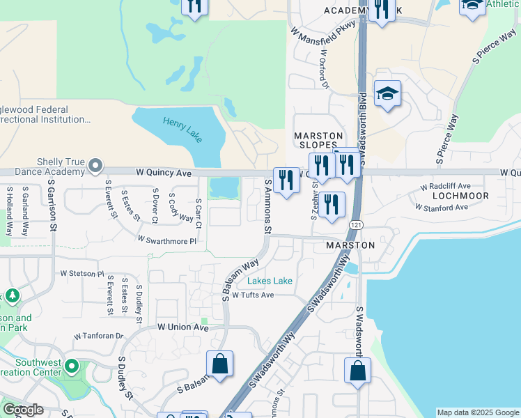 map of restaurants, bars, coffee shops, grocery stores, and more near 4451 South Ammons Street in Denver