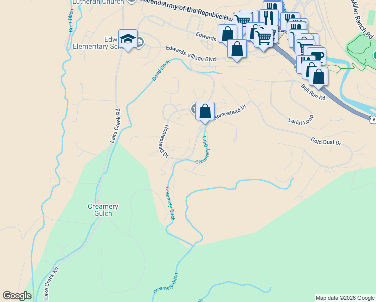 map of restaurants, bars, coffee shops, grocery stores, and more near 880 Homestead Drive in Edwards
