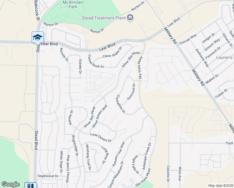 map of restaurants, bars, coffee shops, grocery stores, and more near 9801 Crystalline Drive in Reno