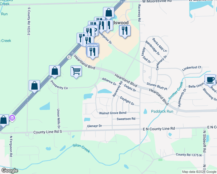 map of restaurants, bars, coffee shops, grocery stores, and more near 10799 Alliance Drive in Hendricks County