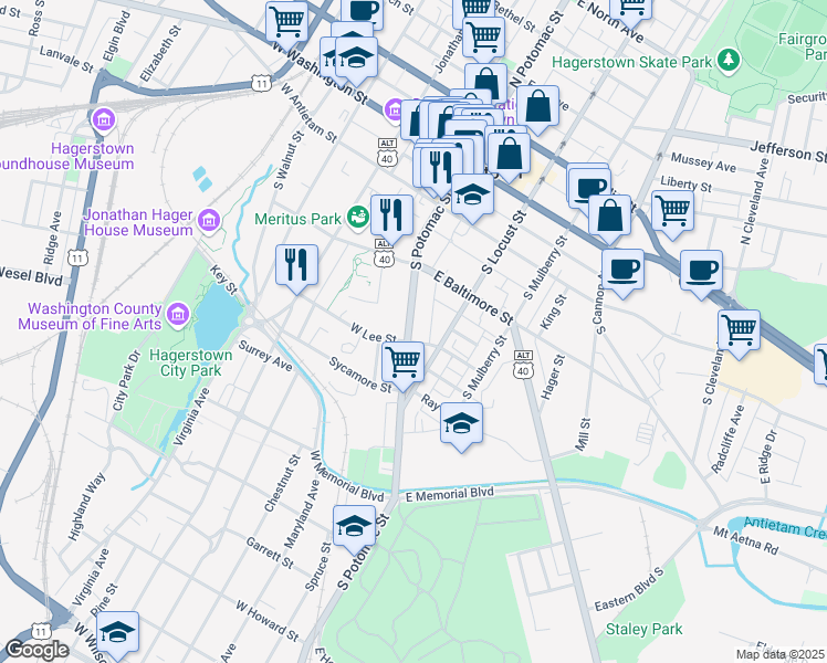 map of restaurants, bars, coffee shops, grocery stores, and more near 272 South Potomac Street in Hagerstown