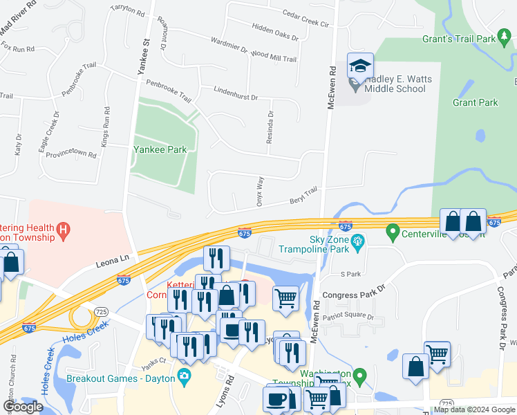 map of restaurants, bars, coffee shops, grocery stores, and more near 1084 Beryl Trail in Dayton