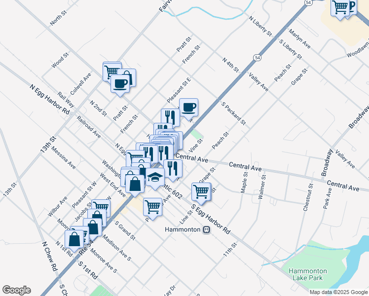 map of restaurants, bars, coffee shops, grocery stores, and more near 301 Bellevue Avenue in Hammonton