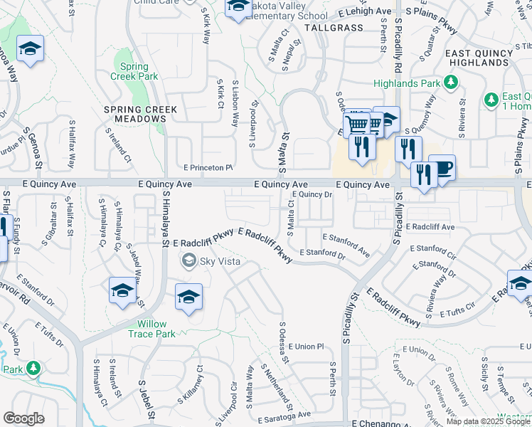 map of restaurants, bars, coffee shops, grocery stores, and more near 20900 East Quincy Drive in Aurora