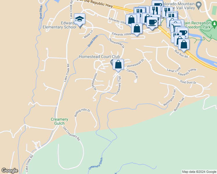 map of restaurants, bars, coffee shops, grocery stores, and more near 880 Homestead Drive in Edwards